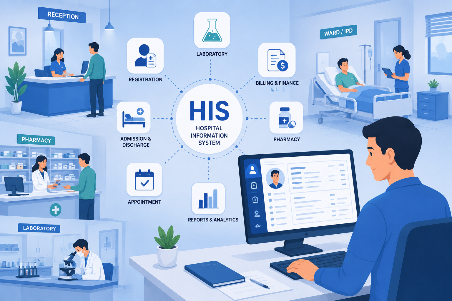 Hospital Information System (HIS) diagram connecting registration, laboratory, pharmacy, billing, admission, appointments and reports